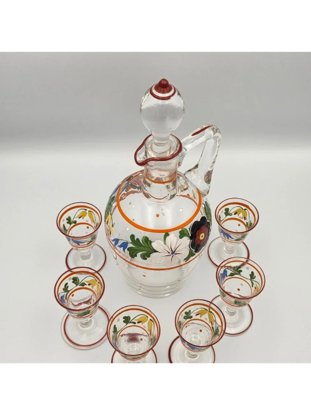 Hand-Painted Glass Decanter Enamel Flowers Stopper & 6 Shot Glasses Art Deco